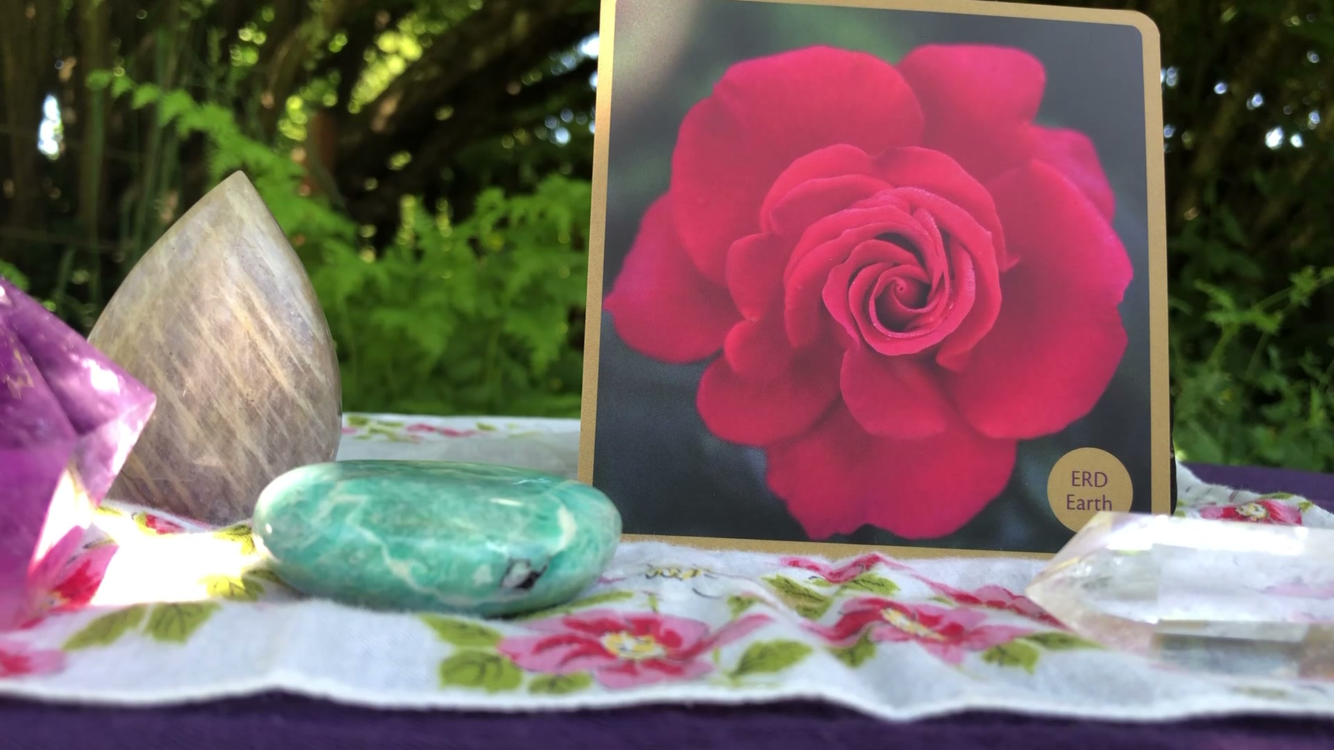 Oracle altar with cards and crystals